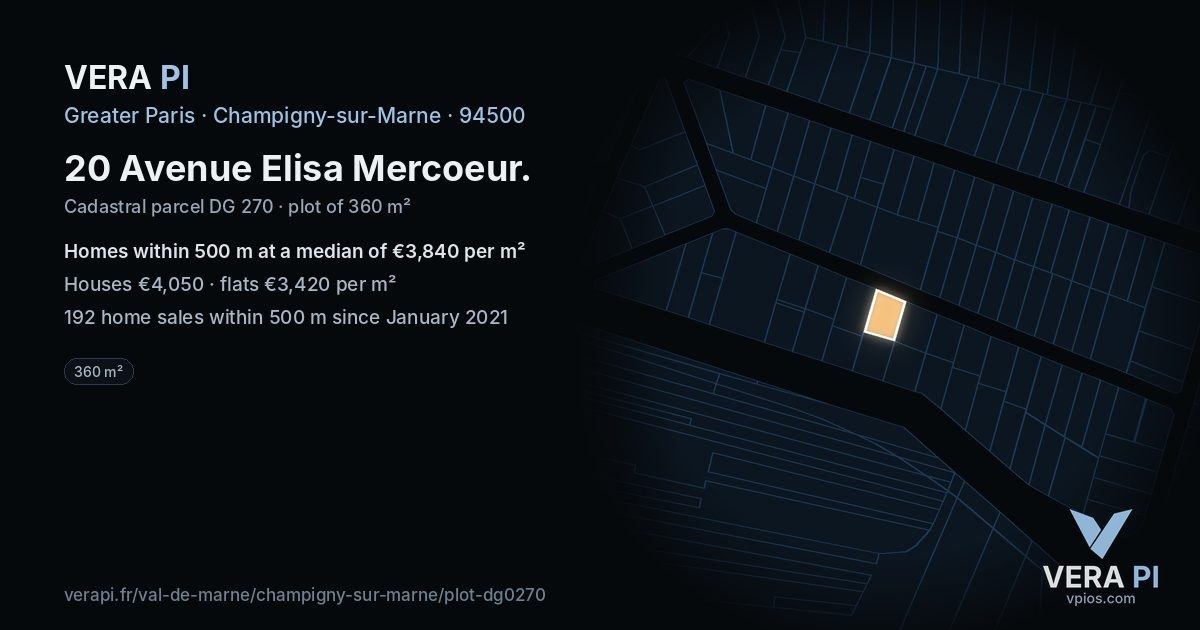 20 Avenue Elisa Mercoeur, Champigny-sur-Marne at night – the plot lit, the parcels around coloured by the prices near them