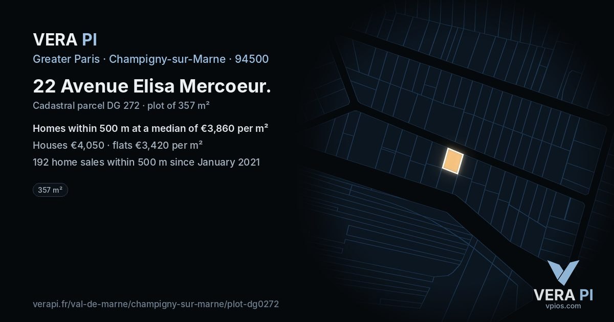 22 Avenue Elisa Mercoeur, Champigny-sur-Marne at night – the plot lit, the parcels around coloured by the prices near them