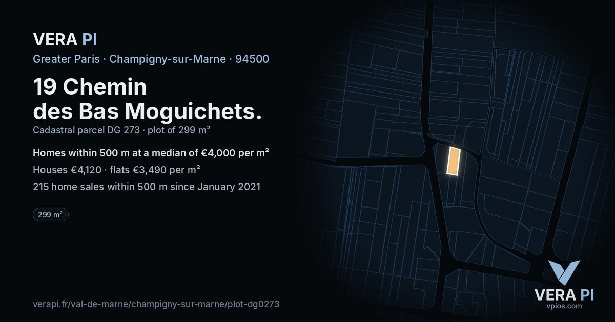 19 Chemin des Bas Moguichets, Champigny-sur-Marne at night – the plot lit, the parcels around coloured by the prices near them