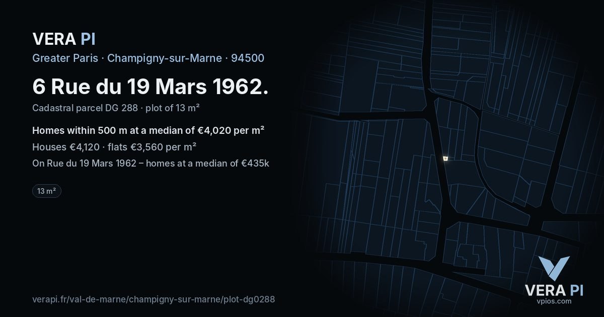 6 Rue du 19 Mars 1962, Champigny-sur-Marne at night – the plot lit, the parcels around coloured by the prices near them
