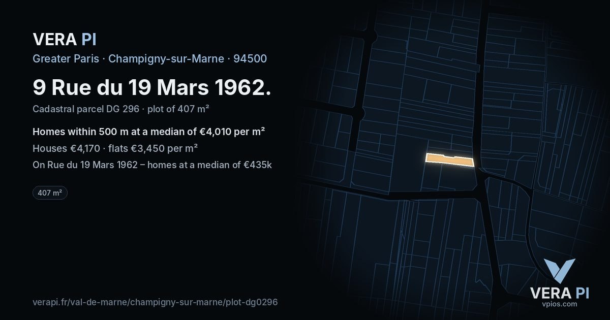 9 Rue du 19 Mars 1962, Champigny-sur-Marne at night – the plot lit, the parcels around coloured by the prices near them