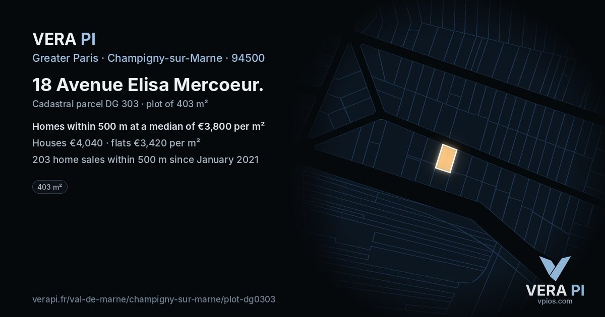 18 Avenue Elisa Mercoeur, Champigny-sur-Marne at night – the plot lit, the parcels around coloured by the prices near them