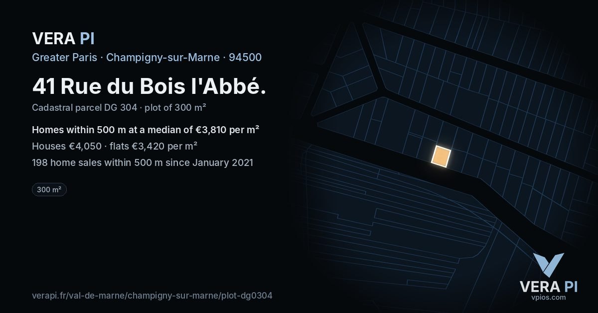 41 Rue du Bois l'Abbé, Champigny-sur-Marne at night – the plot lit, the parcels around coloured by the prices near them
