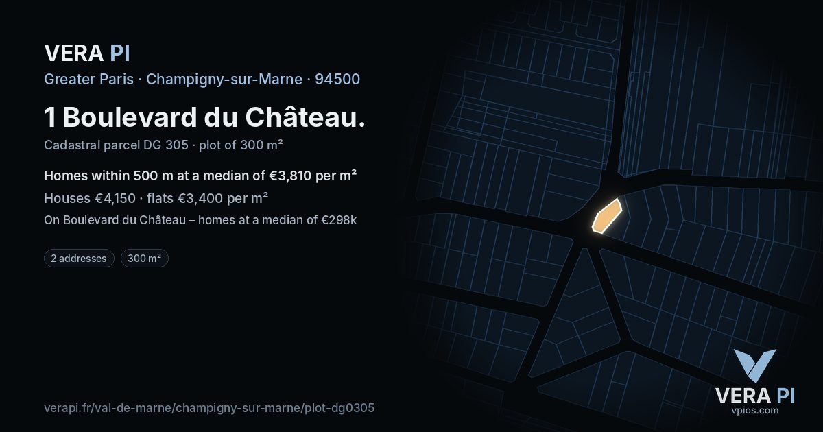 1 Boulevard du Château, Champigny-sur-Marne at night – the plot lit, the parcels around coloured by the prices near them