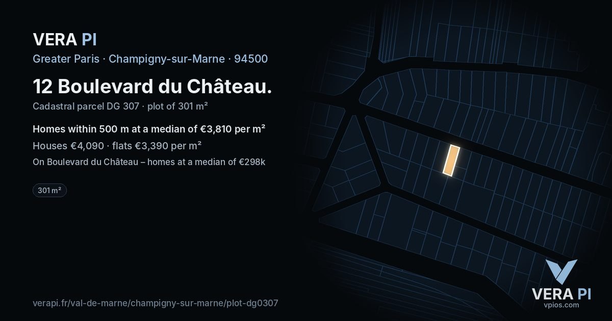 12 Boulevard du Château, Champigny-sur-Marne at night – the plot lit, the parcels around coloured by the prices near them