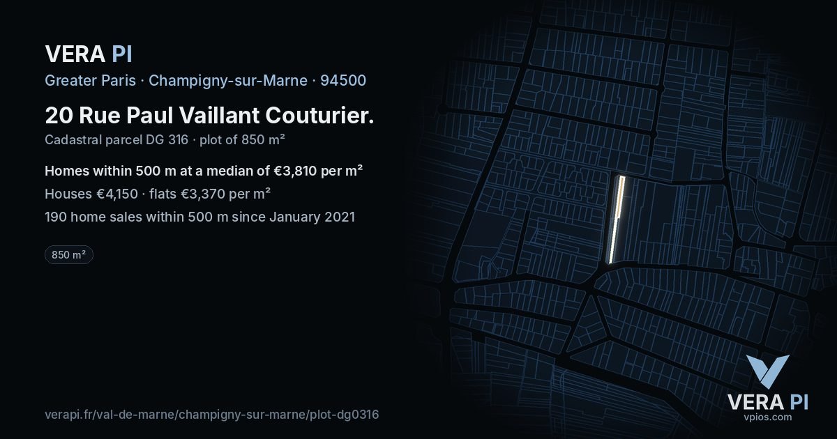 20 Rue Paul Vaillant Couturier, Champigny-sur-Marne at night – the plot lit, the parcels around coloured by the prices near them