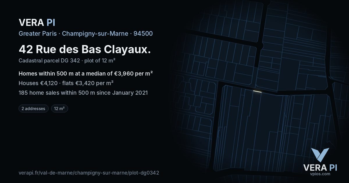 42 Rue des Bas Clayaux, Champigny-sur-Marne at night – the plot lit, the parcels around coloured by the prices near them