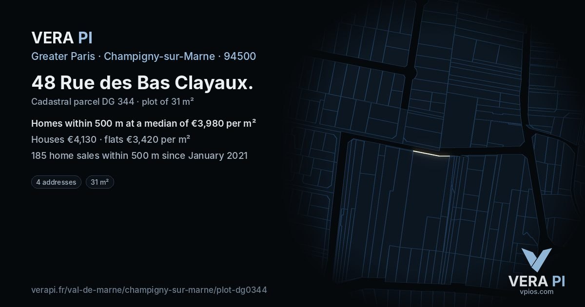 48 Rue des Bas Clayaux, Champigny-sur-Marne at night – the plot lit, the parcels around coloured by the prices near them