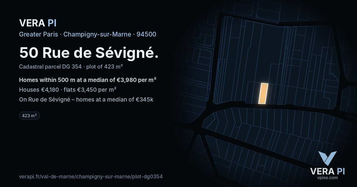 50 Rue de Sévigné, Champigny-sur-Marne at night – the plot lit, the parcels around coloured by the prices near them