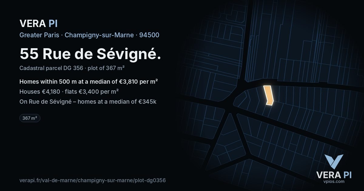 55 Rue de Sévigné, Champigny-sur-Marne at night – the plot lit, the parcels around coloured by the prices near them