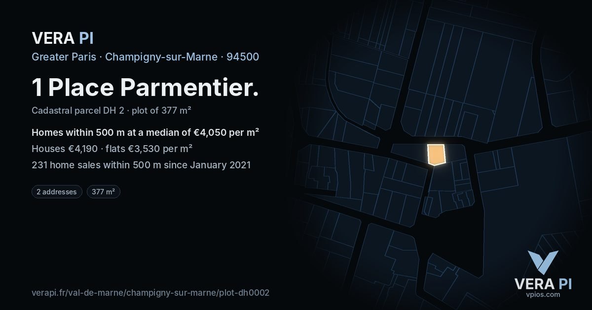 1 Place Parmentier, Champigny-sur-Marne at night – the plot lit, the parcels around coloured by the prices near them