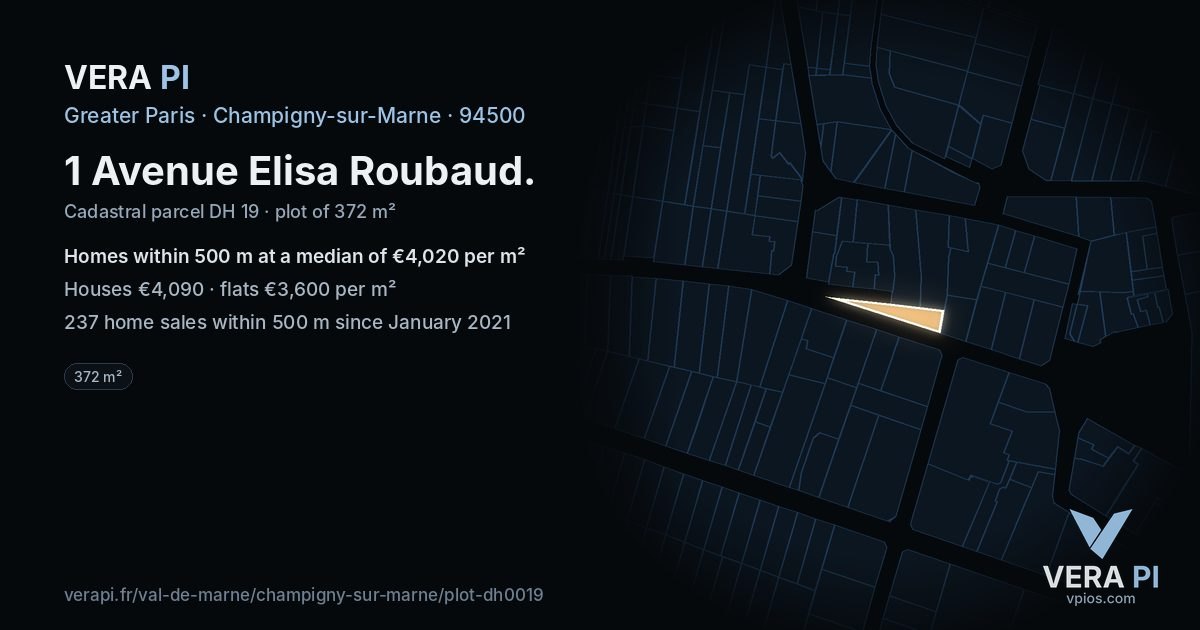 1 Avenue Elisa Roubaud, Champigny-sur-Marne at night – the plot lit, the parcels around coloured by the prices near them