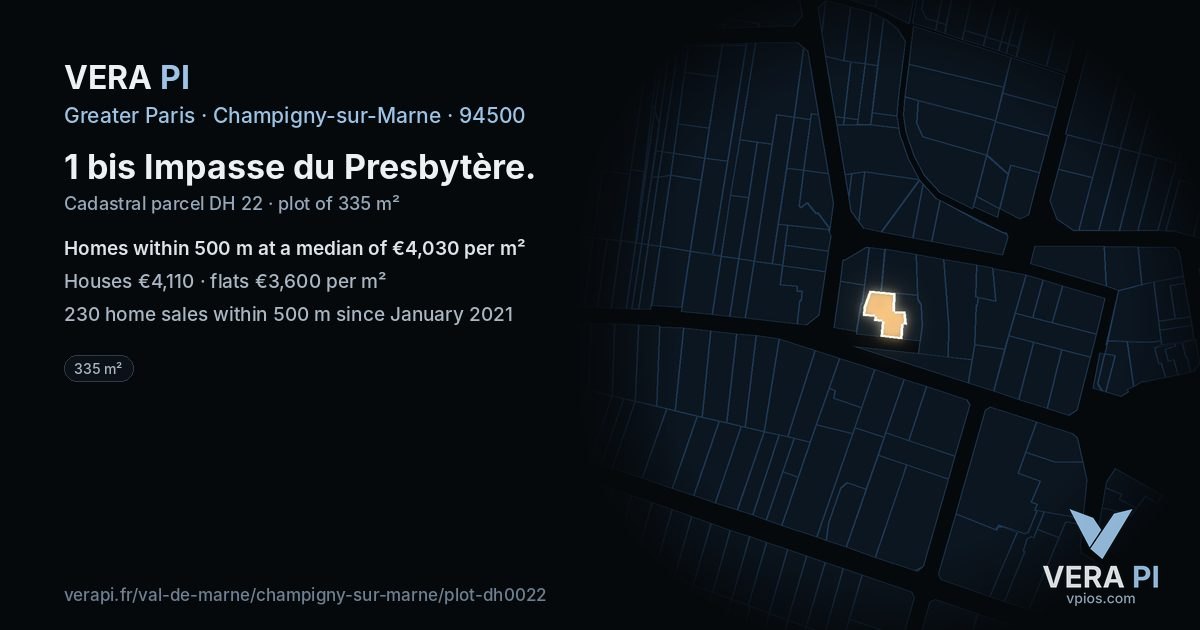 1 bis Impasse du Presbytère, Champigny-sur-Marne at night – the plot lit, the parcels around coloured by the prices near them