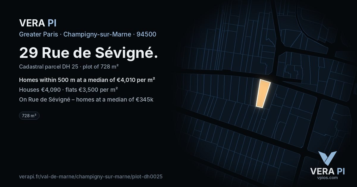 29 Rue de Sévigné, Champigny-sur-Marne at night – the plot lit, the parcels around coloured by the prices near them