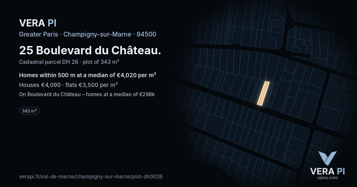 25 Boulevard du Château, Champigny-sur-Marne at night – the plot lit, the parcels around coloured by the prices near them