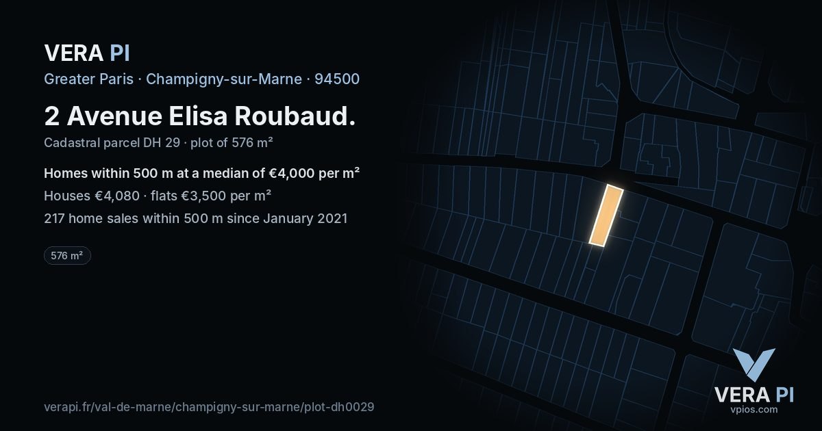 2 Avenue Elisa Roubaud, Champigny-sur-Marne at night – the plot lit, the parcels around coloured by the prices near them