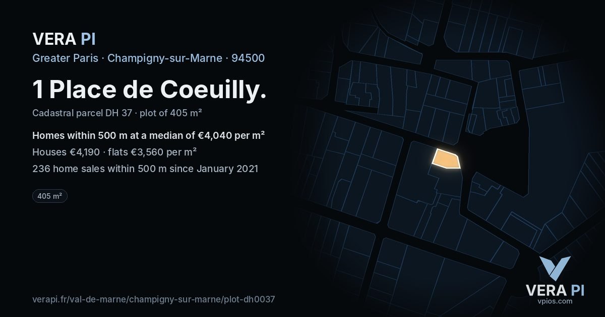 1 Place de Coeuilly, Champigny-sur-Marne at night – the plot lit, the parcels around coloured by the prices near them