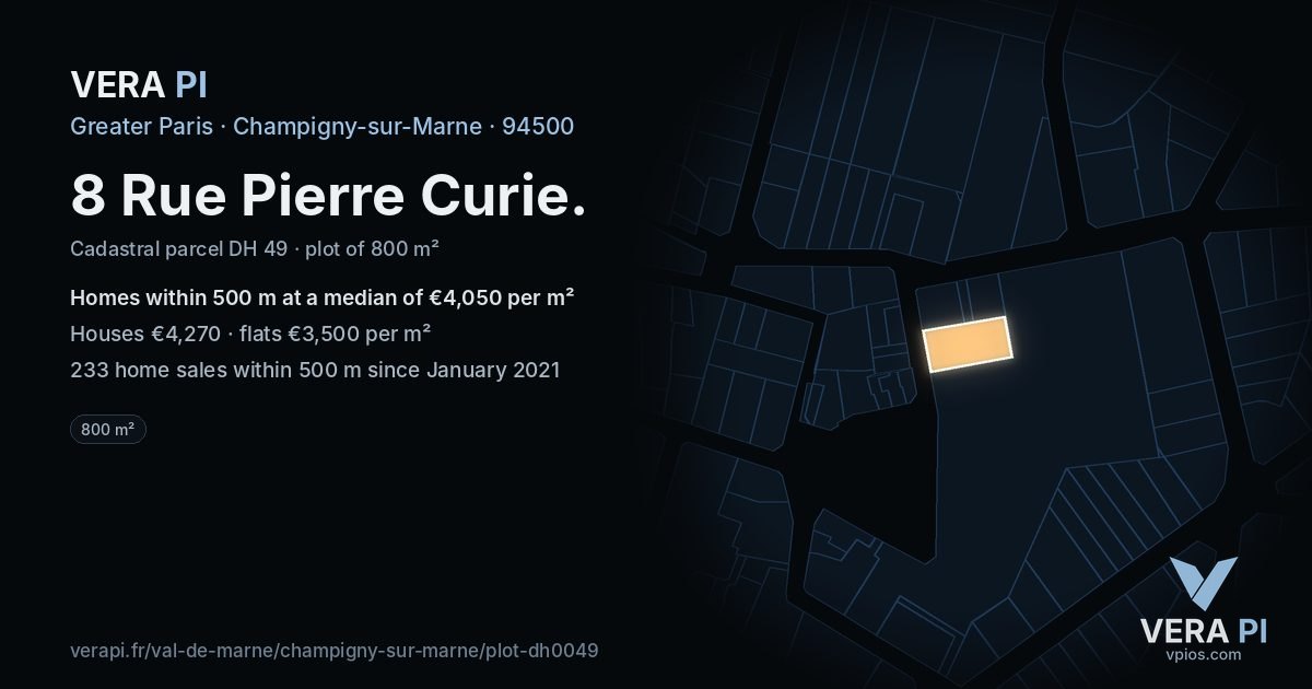 8 Rue Pierre Curie, Champigny-sur-Marne at night – the plot lit, the parcels around coloured by the prices near them