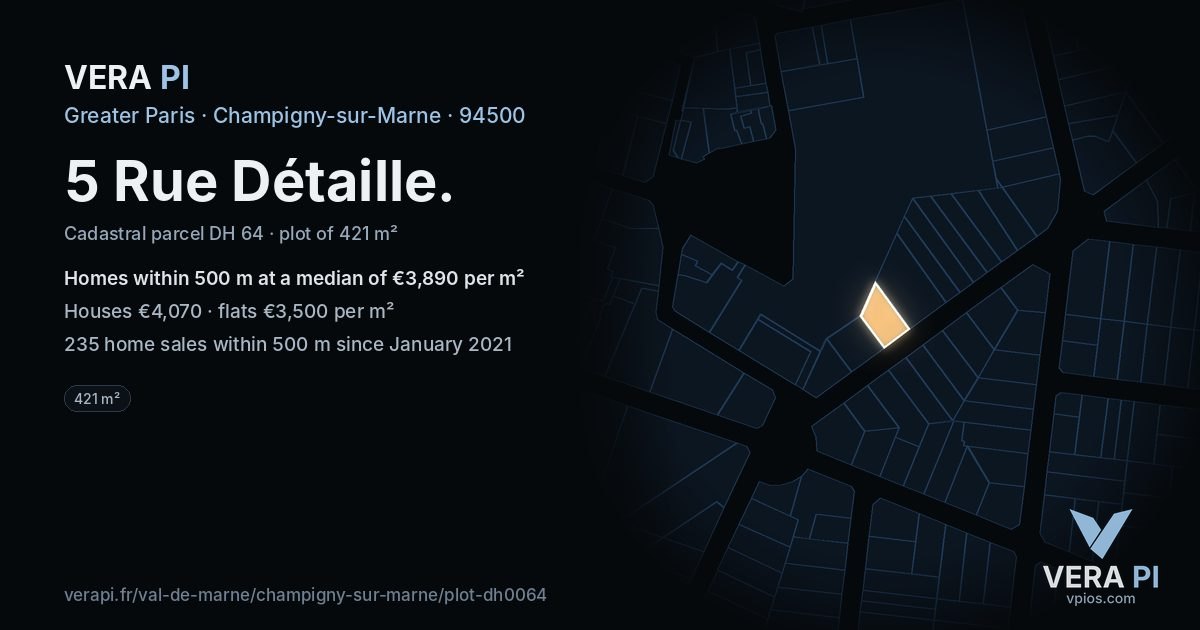 5 Rue Détaille, Champigny-sur-Marne at night – the plot lit, the parcels around coloured by the prices near them