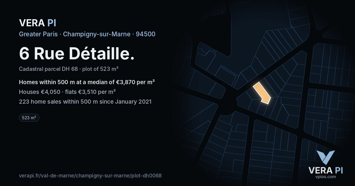 6 Rue Détaille, Champigny-sur-Marne at night – the plot lit, the parcels around coloured by the prices near them