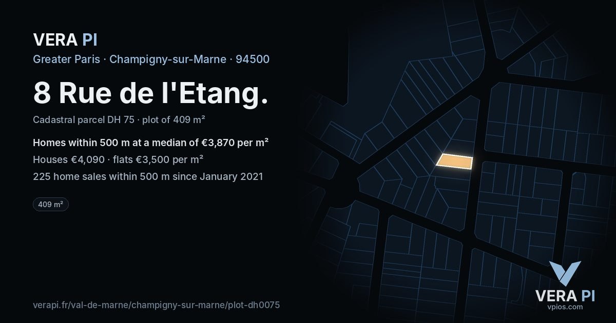 8 Rue de l'Etang, Champigny-sur-Marne at night – the plot lit, the parcels around coloured by the prices near them