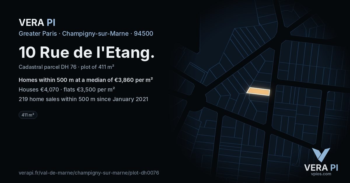 10 Rue de l'Etang, Champigny-sur-Marne at night – the plot lit, the parcels around coloured by the prices near them