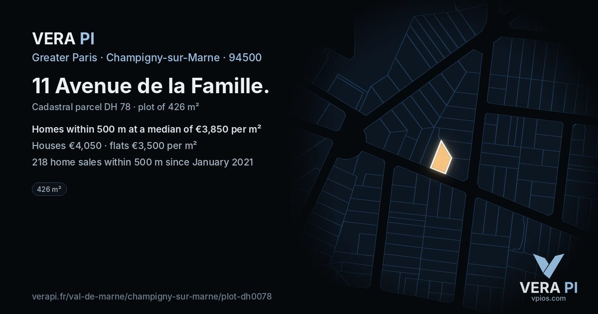 11 Avenue de la Famille, Champigny-sur-Marne at night – the plot lit, the parcels around coloured by the prices near them