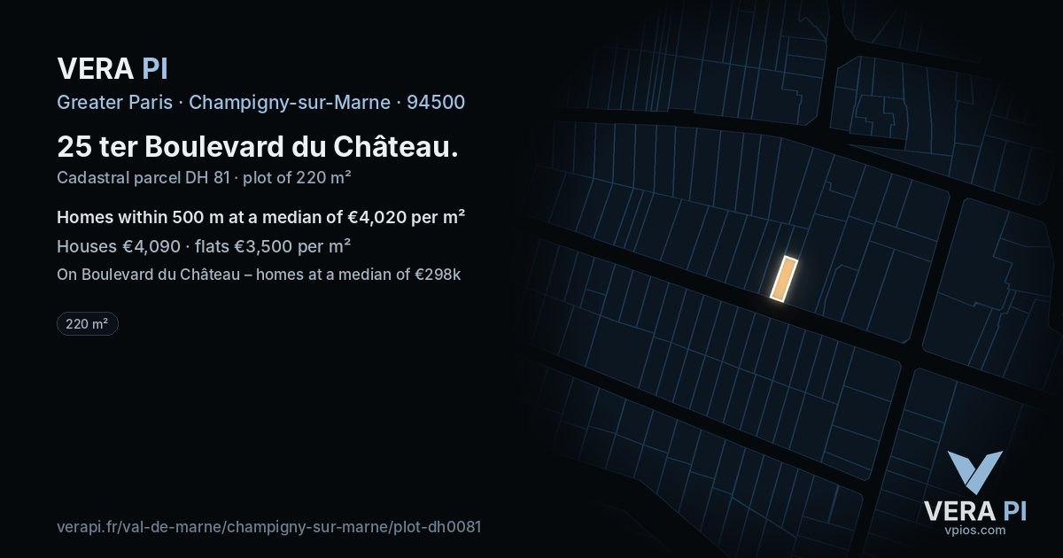 25 ter Boulevard du Château, Champigny-sur-Marne at night – the plot lit, the parcels around coloured by the prices near them