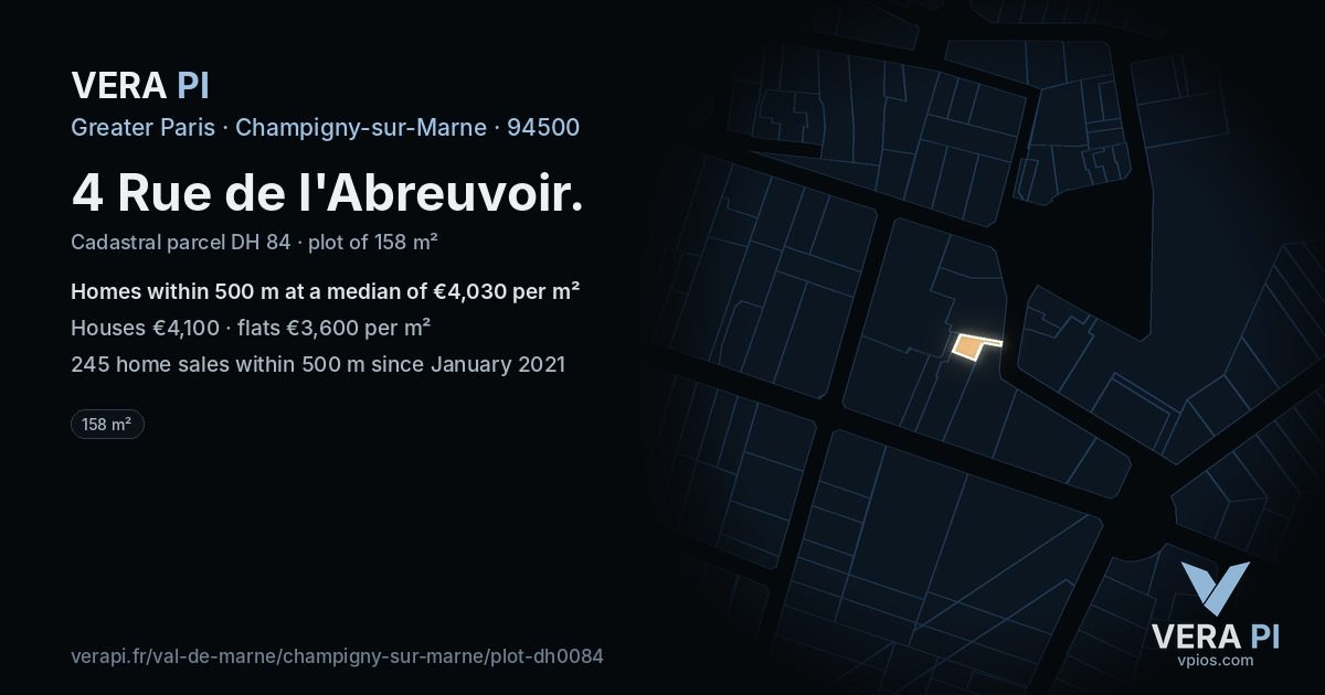 4 Rue de l'Abreuvoir, Champigny-sur-Marne at night – the plot lit, the parcels around coloured by the prices near them