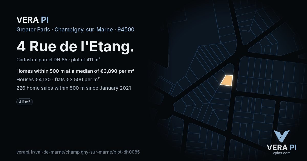 4 Rue de l'Etang, Champigny-sur-Marne at night – the plot lit, the parcels around coloured by the prices near them