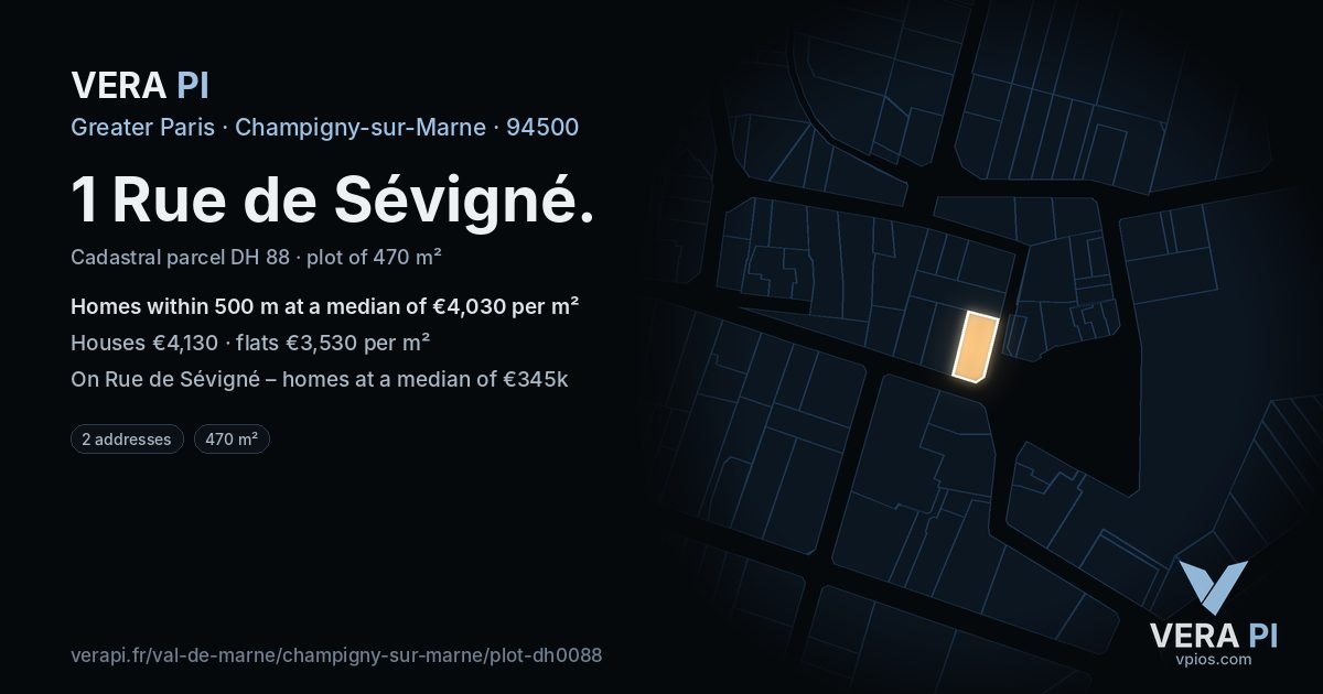 1 Rue de Sévigné, Champigny-sur-Marne at night – the plot lit, the parcels around coloured by the prices near them