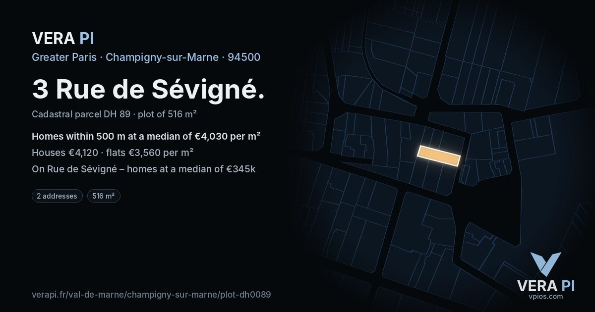 3 Rue de Sévigné, Champigny-sur-Marne at night – the plot lit, the parcels around coloured by the prices near them