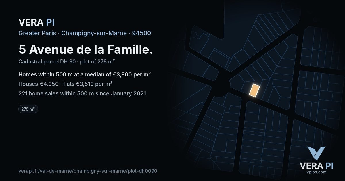 5 Avenue de la Famille, Champigny-sur-Marne at night – the plot lit, the parcels around coloured by the prices near them