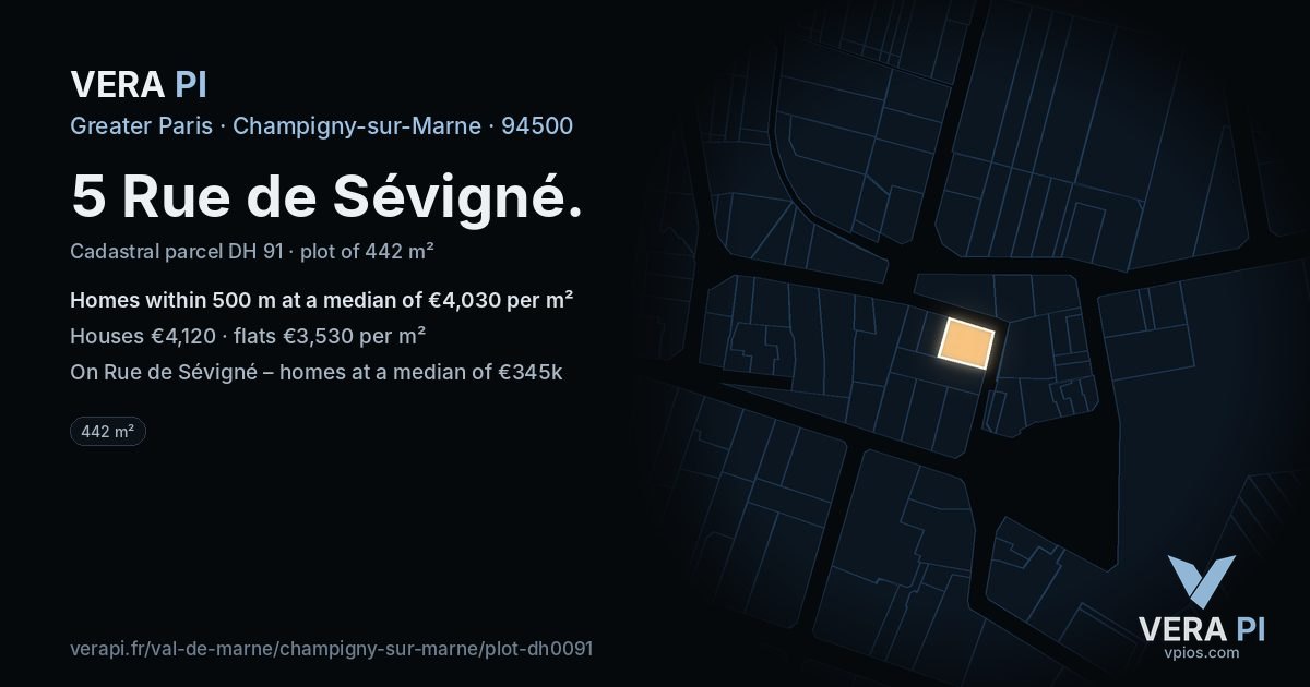 5 Rue de Sévigné, Champigny-sur-Marne at night – the plot lit, the parcels around coloured by the prices near them