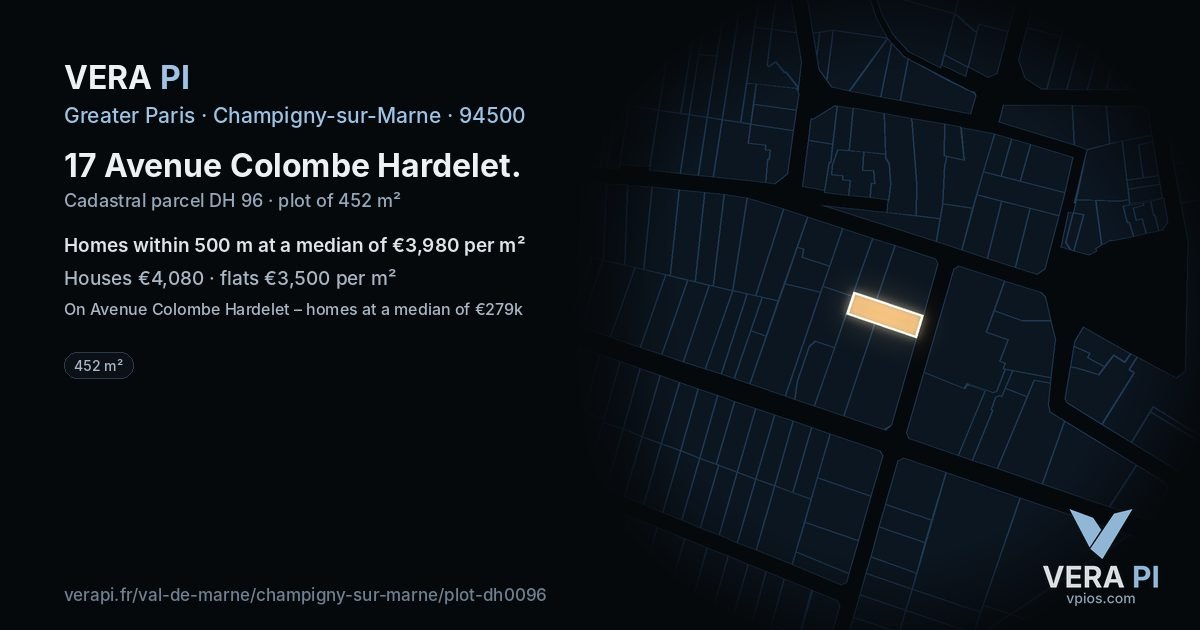 17 Avenue Colombe Hardelet, Champigny-sur-Marne at night – the plot lit, the parcels around coloured by the prices near them