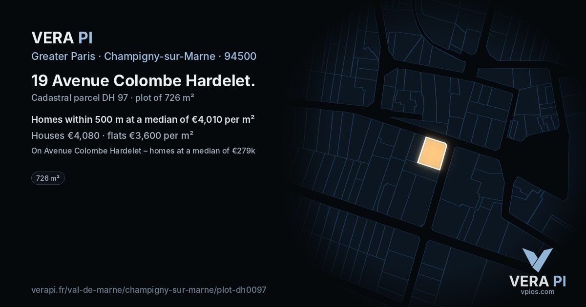 19 Avenue Colombe Hardelet, Champigny-sur-Marne at night – the plot lit, the parcels around coloured by the prices near them
