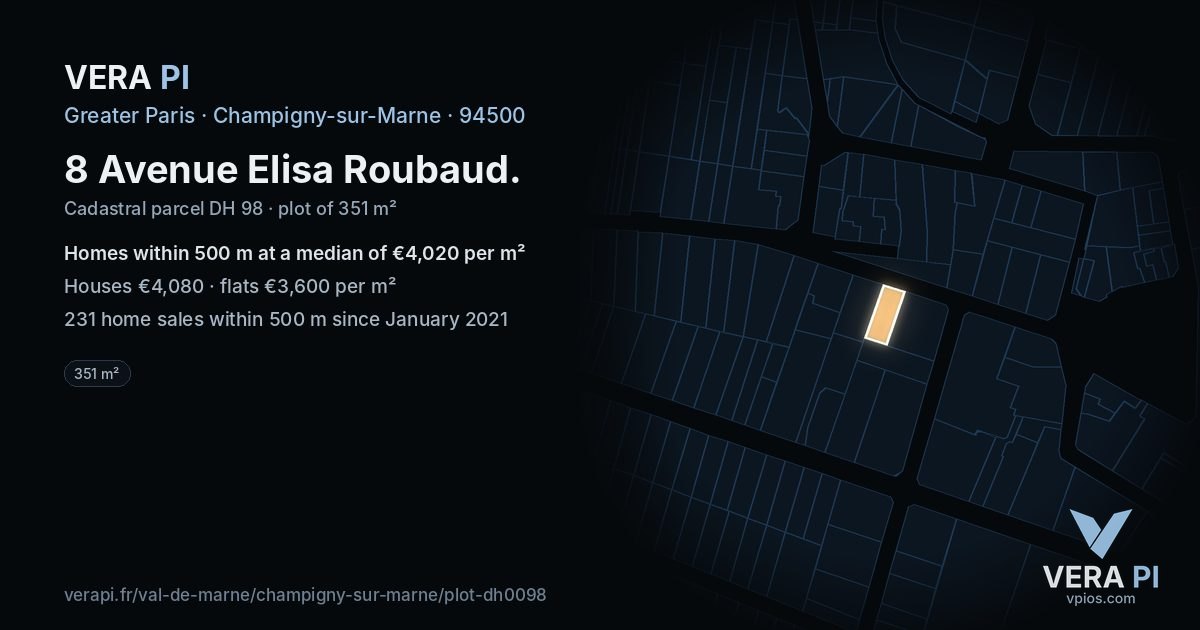 8 Avenue Elisa Roubaud, Champigny-sur-Marne at night – the plot lit, the parcels around coloured by the prices near them