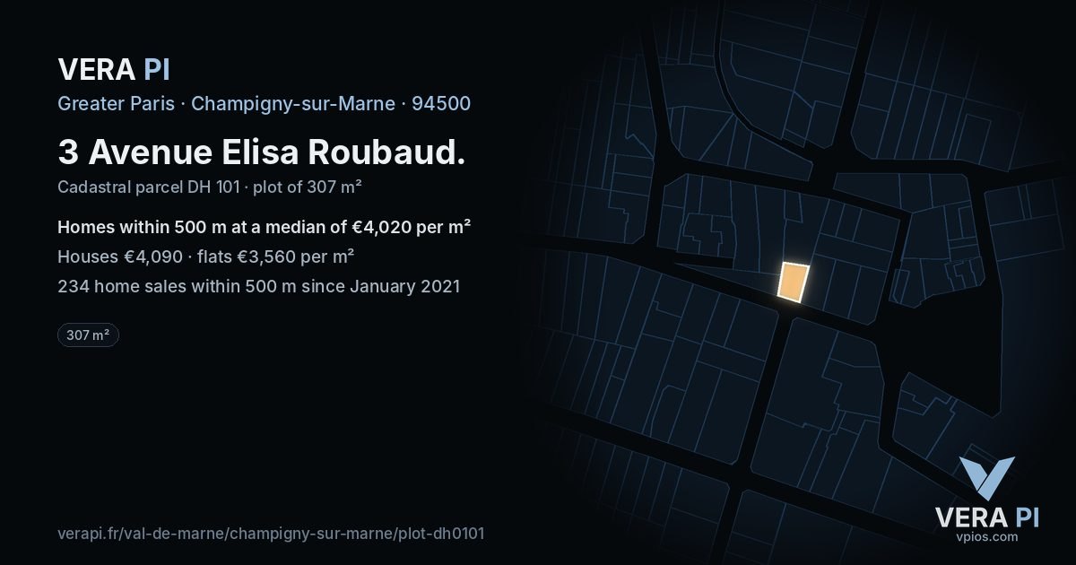 3 Avenue Elisa Roubaud, Champigny-sur-Marne at night – the plot lit, the parcels around coloured by the prices near them
