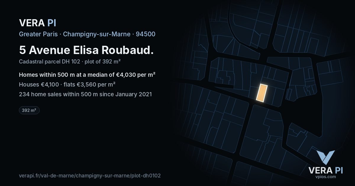 5 Avenue Elisa Roubaud, Champigny-sur-Marne at night – the plot lit, the parcels around coloured by the prices near them