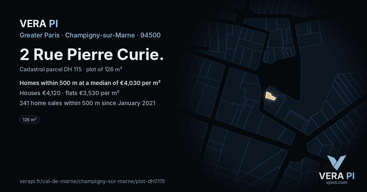 2 Rue Pierre Curie, Champigny-sur-Marne at night – the plot lit, the parcels around coloured by the prices near them