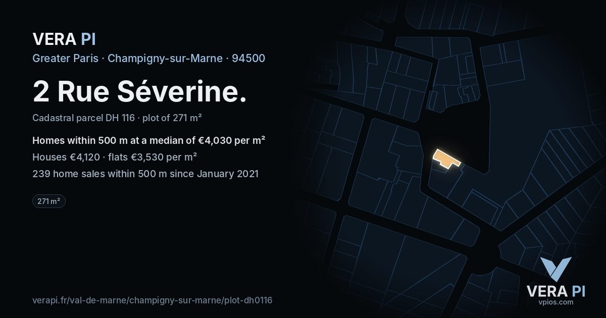 2 Rue Séverine, Champigny-sur-Marne at night – the plot lit, the parcels around coloured by the prices near them
