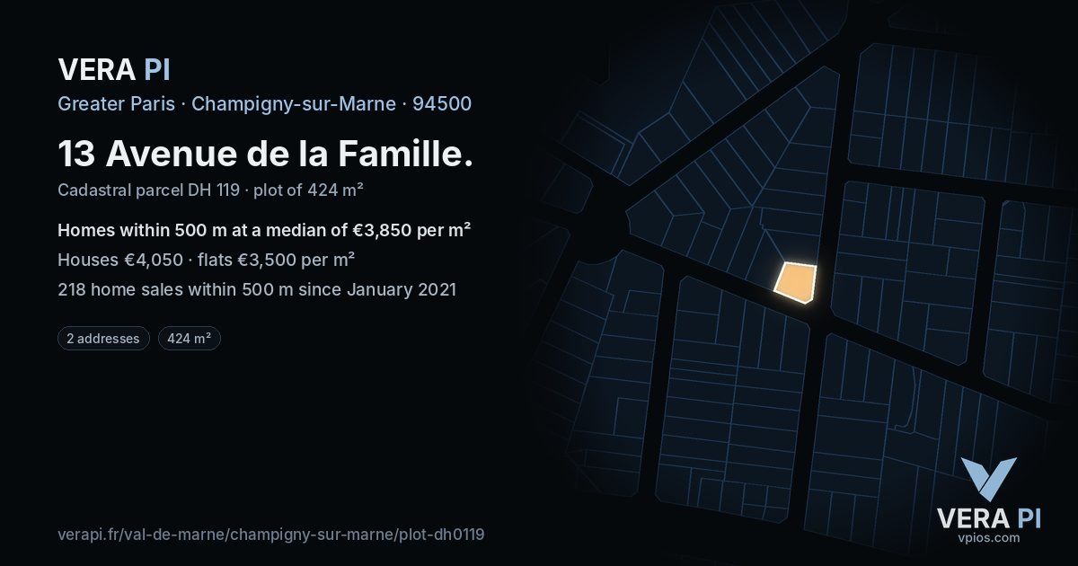 13 Avenue de la Famille, Champigny-sur-Marne at night – the plot lit, the parcels around coloured by the prices near them