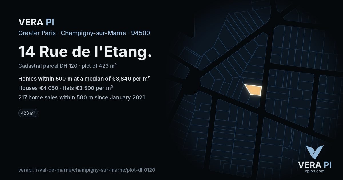 14 Rue de l'Etang, Champigny-sur-Marne at night – the plot lit, the parcels around coloured by the prices near them