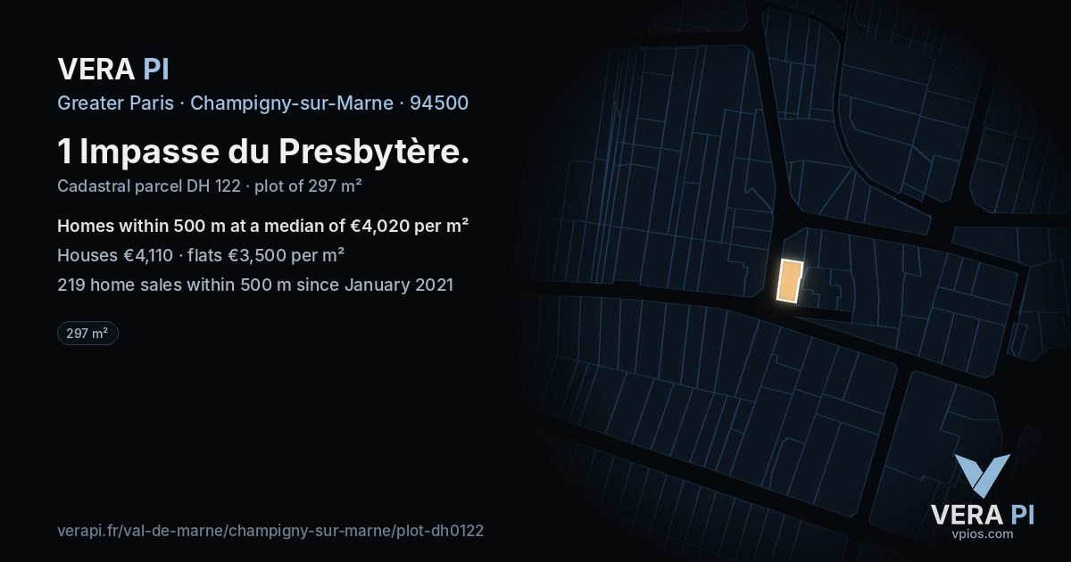 1 Impasse du Presbytère, Champigny-sur-Marne at night – the plot lit, the parcels around coloured by the prices near them