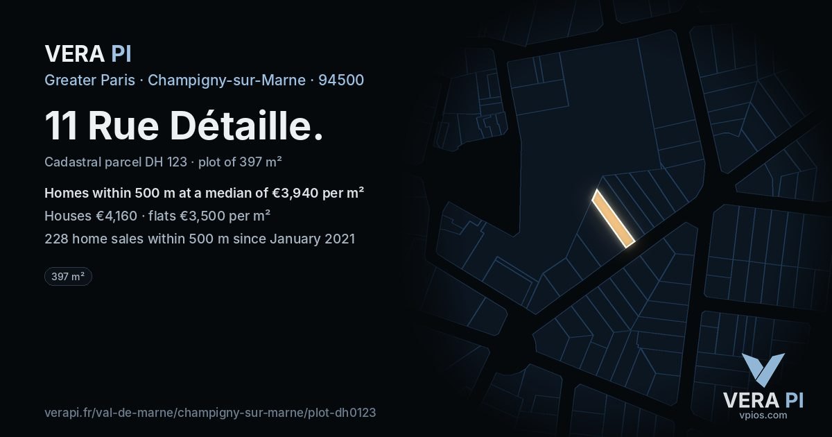 11 Rue Détaille, Champigny-sur-Marne at night – the plot lit, the parcels around coloured by the prices near them