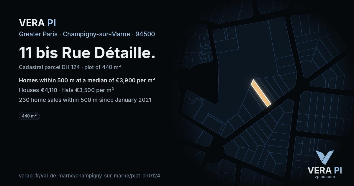 11 bis Rue Détaille, Champigny-sur-Marne at night – the plot lit, the parcels around coloured by the prices near them