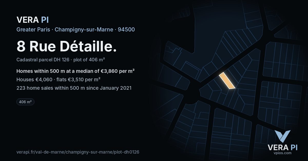8 Rue Détaille, Champigny-sur-Marne at night – the plot lit, the parcels around coloured by the prices near them
