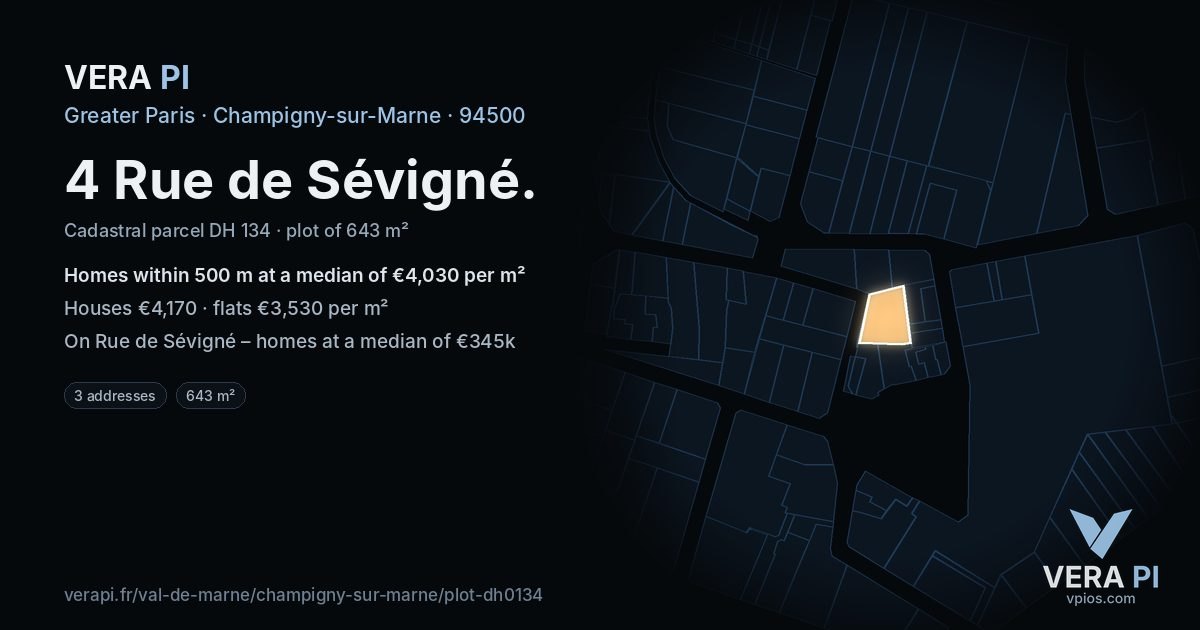 4 Rue de Sévigné, Champigny-sur-Marne at night – the plot lit, the parcels around coloured by the prices near them
