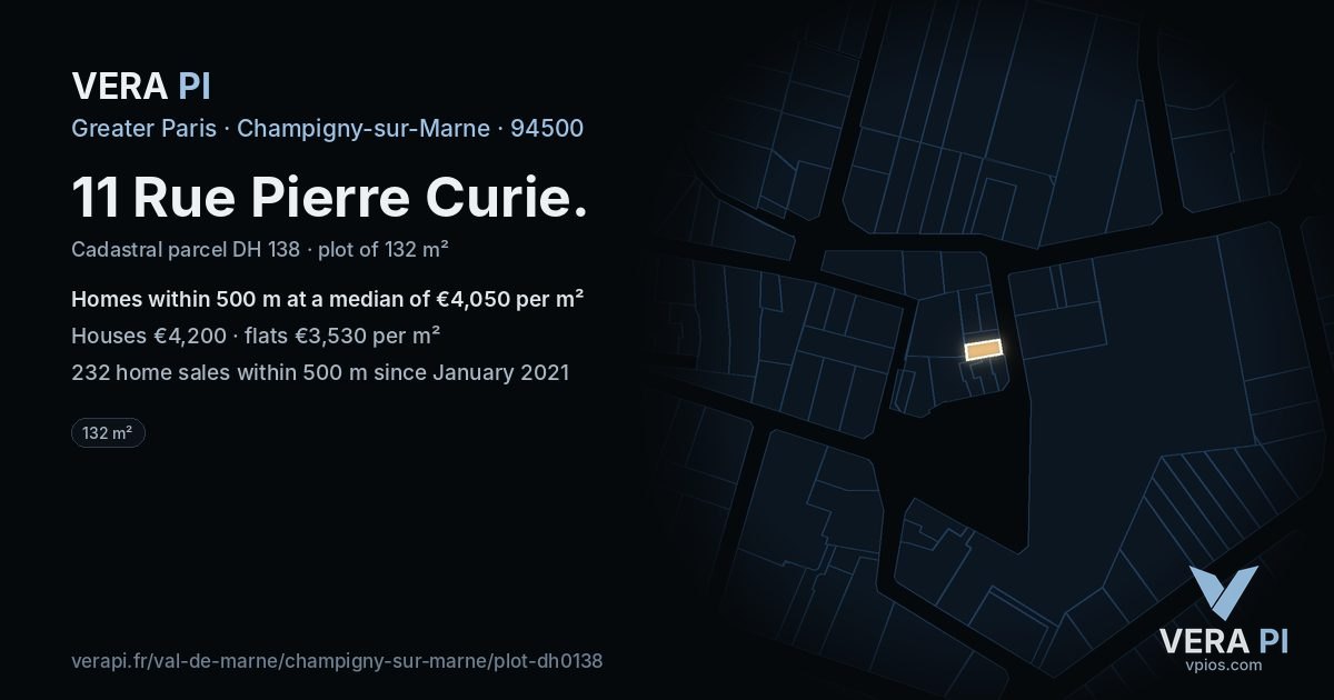 11 Rue Pierre Curie, Champigny-sur-Marne at night – the plot lit, the parcels around coloured by the prices near them