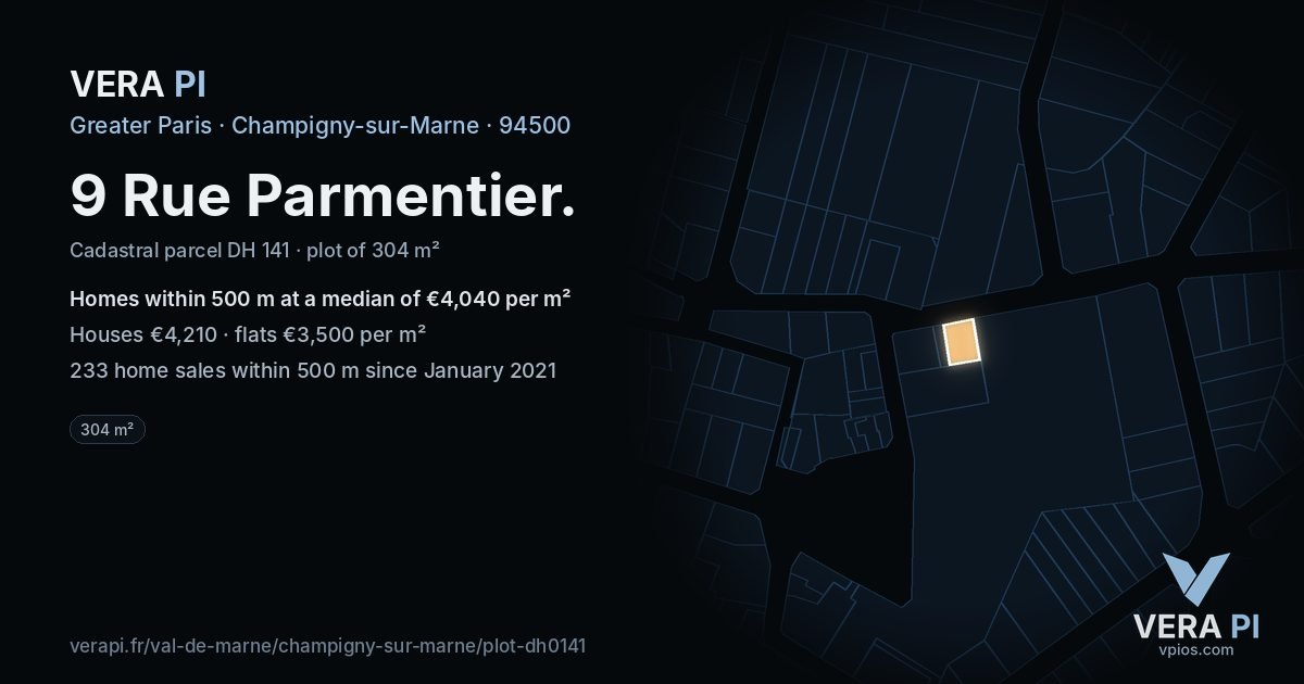 9 Rue Parmentier, Champigny-sur-Marne at night – the plot lit, the parcels around coloured by the prices near them